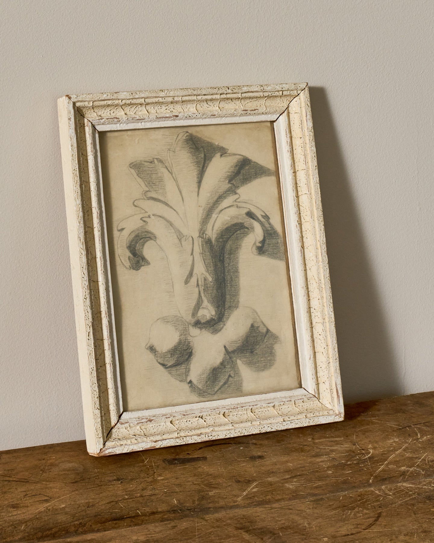 Distressed white frame with a monochrome drawing of an acanthus leaf, leaning on a rustic wooden surface.