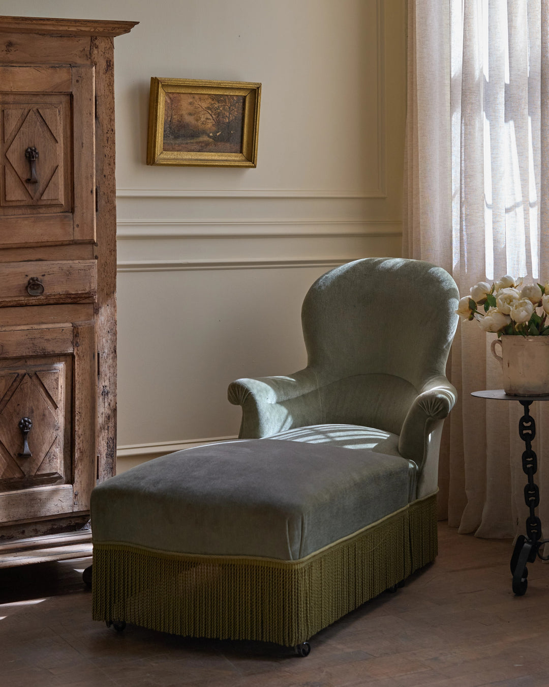 19th c. Napoleon III Green Armchair & Ottoman