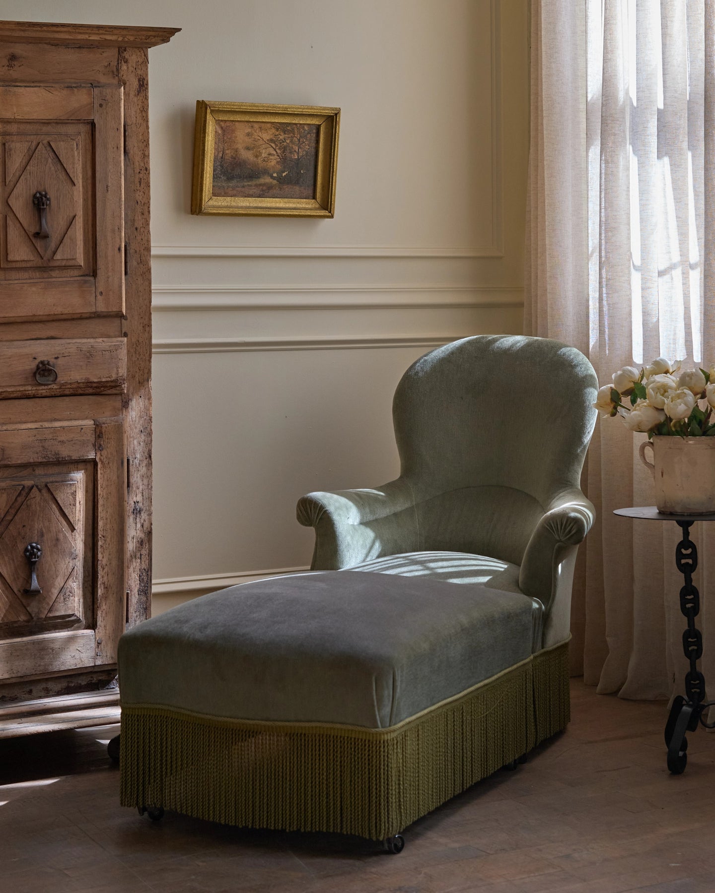 19th c. Napoleon III Green Armchair & Ottoman