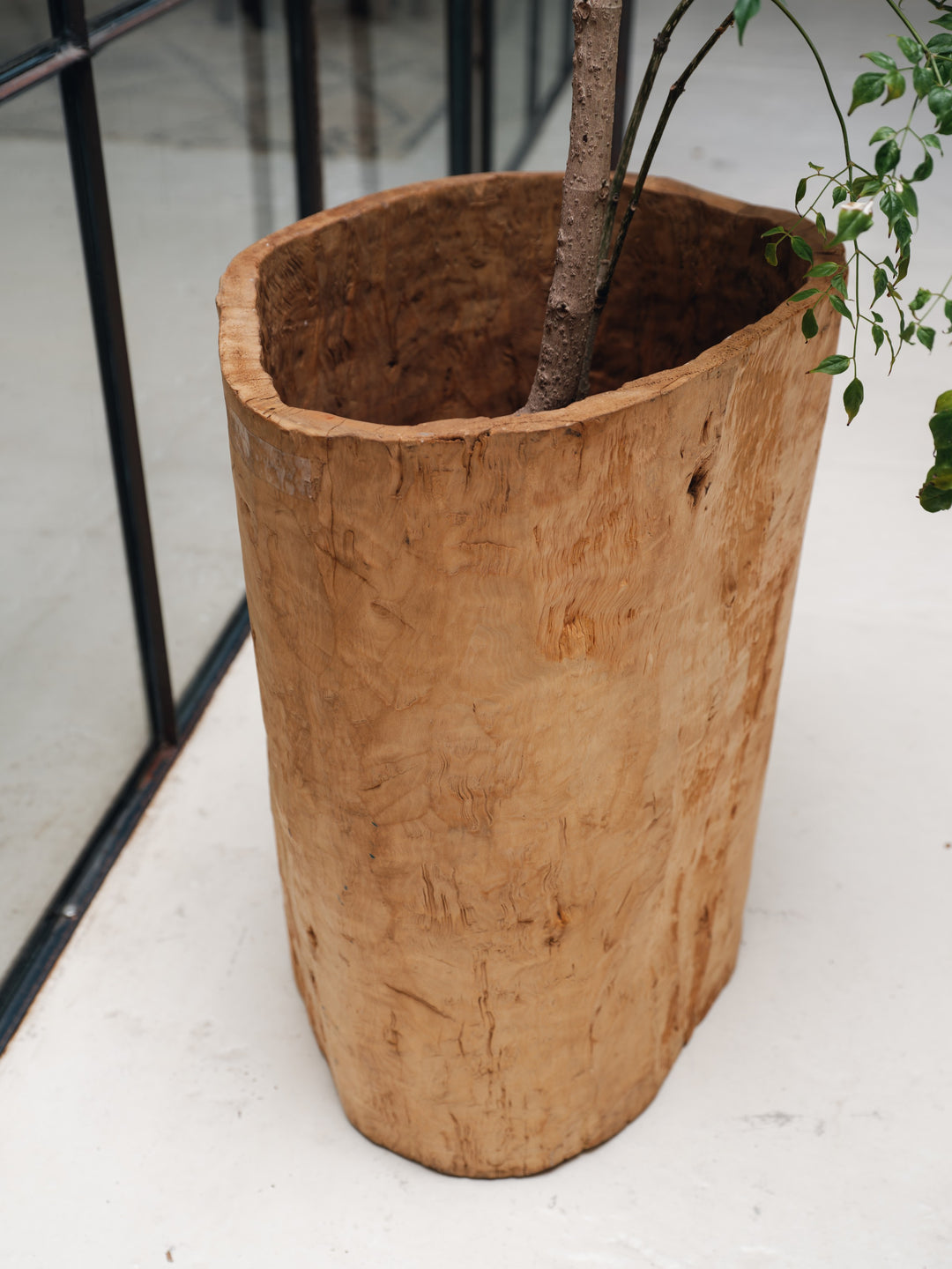 a large wooden planter with a plant in it .