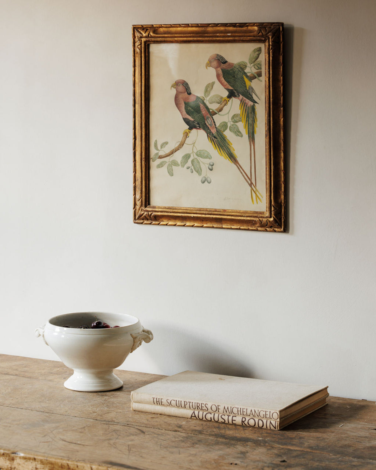 A framed illustration of two parrots hangs above a white decorative bowl and a book titled 'The Sculptures of Michelangelo Auguste Rodin' on a rustic wooden table.