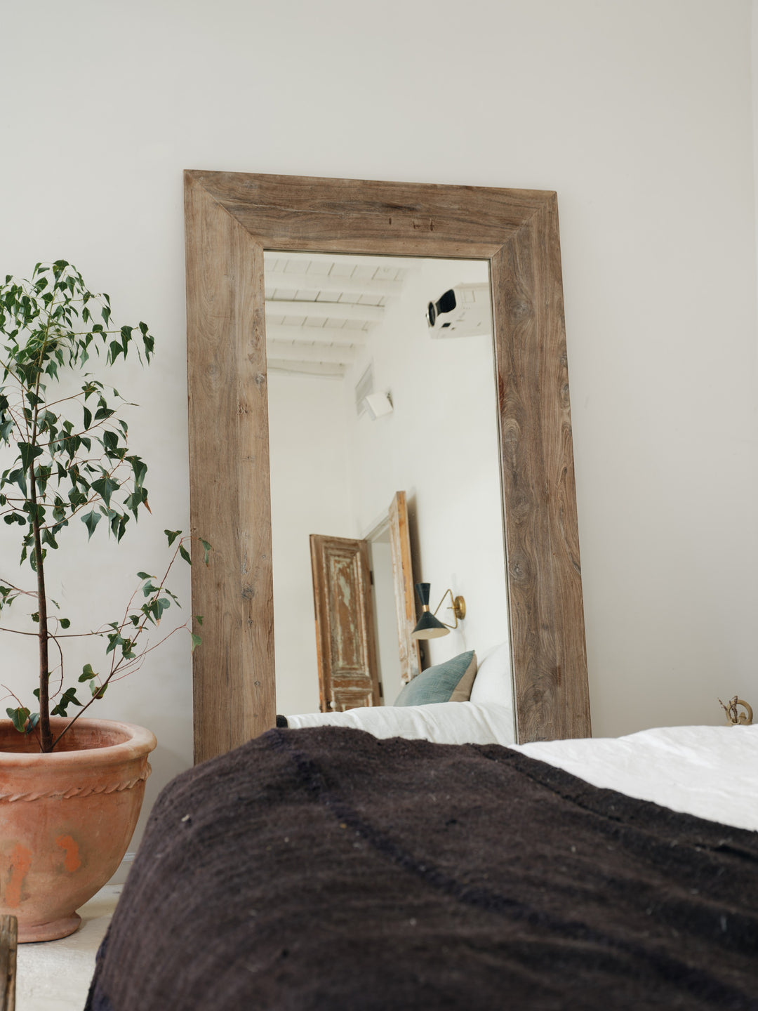 a bedroom with a large mirror and a potted plant