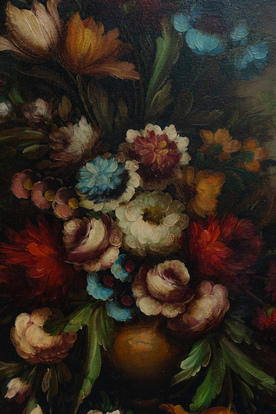 a painting of flowers in a vase on a dark background