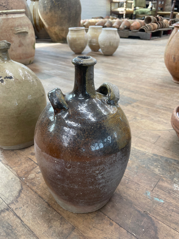 Antique French Chinon Two Handled Vase, Dark Glaze