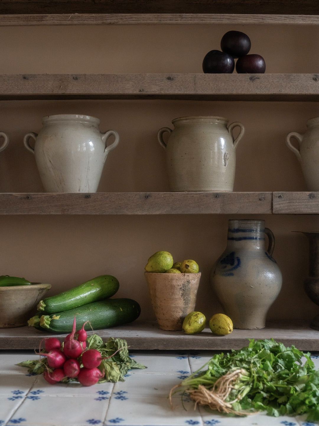 a shelf with a bunch of vegetables and pots on it