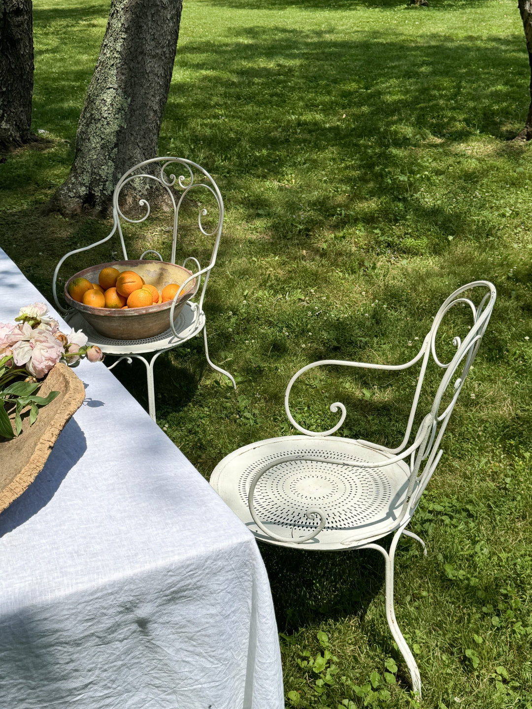 a table with a bowl of oranges on it and a chair in the grass .