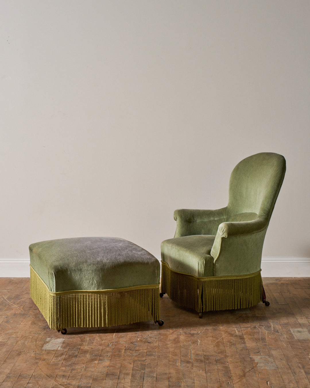 19th c. Napoleon III Green Armchair & Ottoman