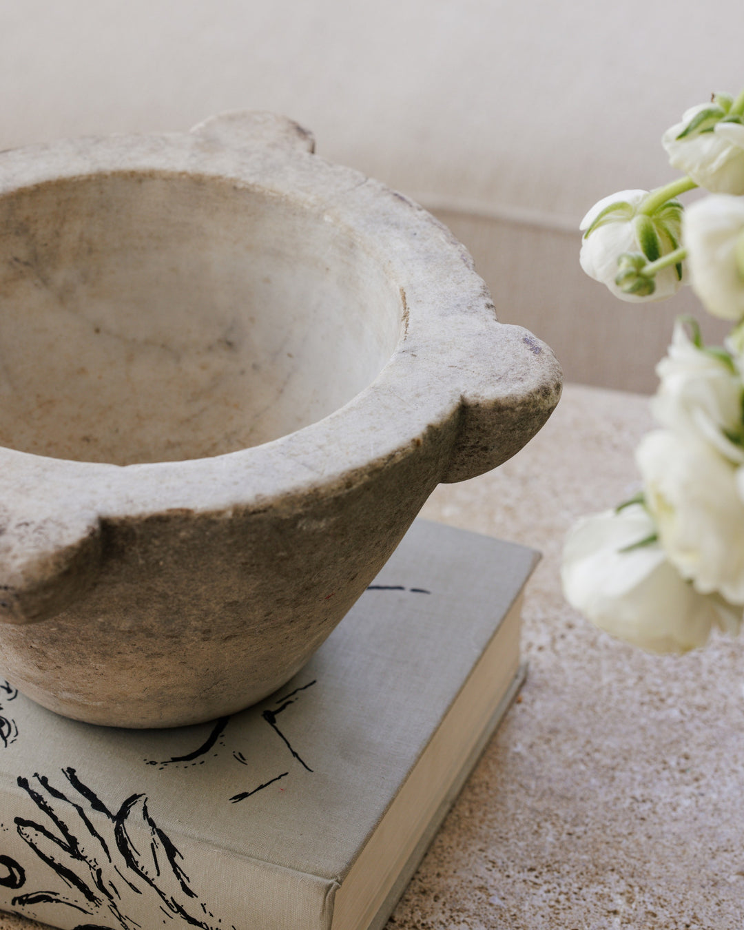 a mortar and pestle is sitting on top of a book